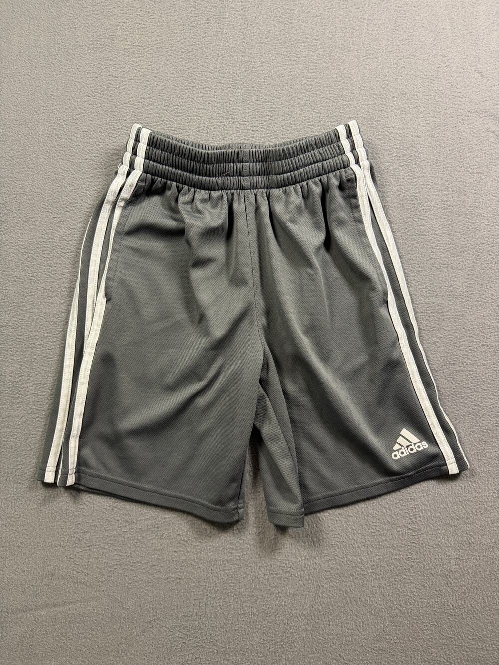 Adidas Boys Size Medium 10-12 Gray 3-Stripe Athletic Shorts Mesh Gym Soccer Warm